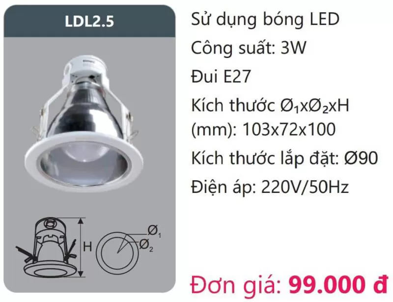 Đèn Downlight gắn nổi – Đèn Downlight âm trần viền sơn cao cấp LDL2.5