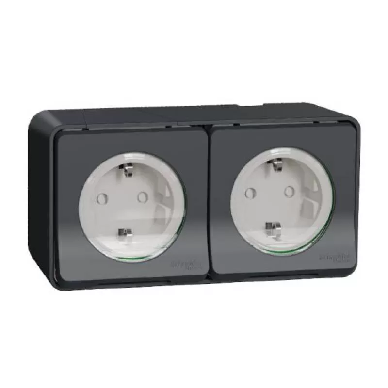 Bộ ổ cắm đôi Schuko 16A, chống thấm IP55, Schneider, mã MUR36029