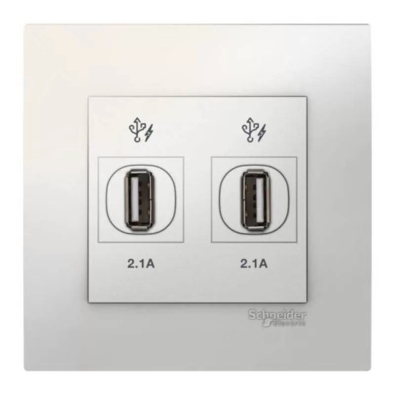 Bộ ổ cắm sạc USB đôi 2.1A, màu trắng, Schneider, mã KB32USB_WE_G19