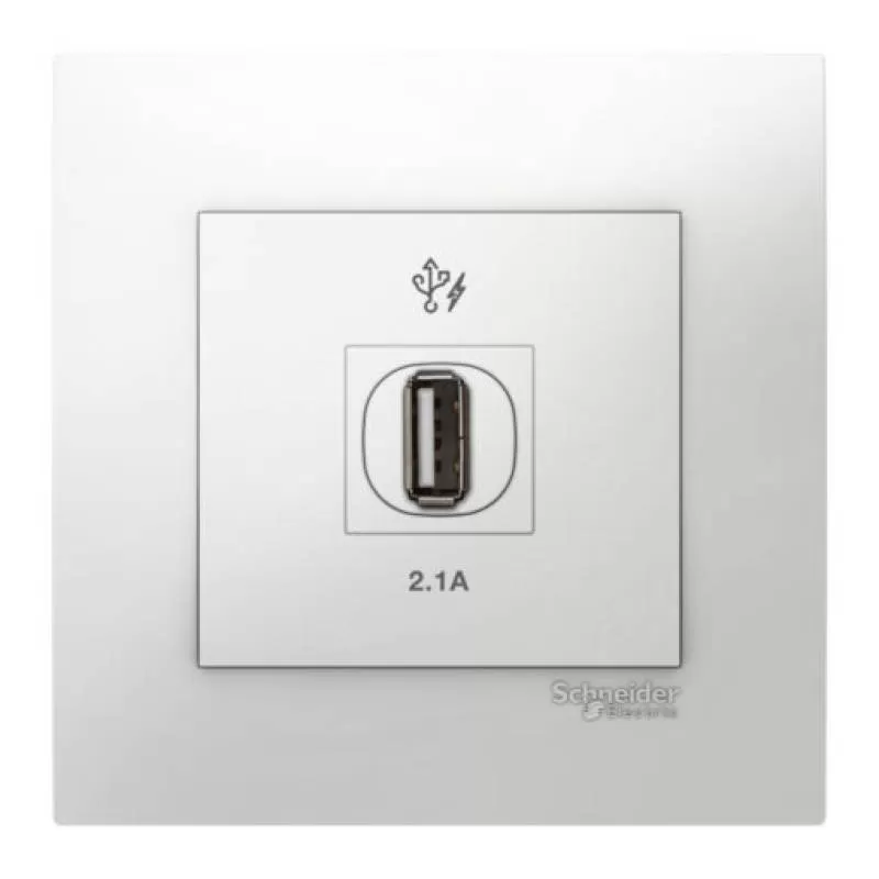 Bộ ổ cắm sạc USB đơn 2.1A, màu trắng, Schneider, mã KB31USB_WE_G19