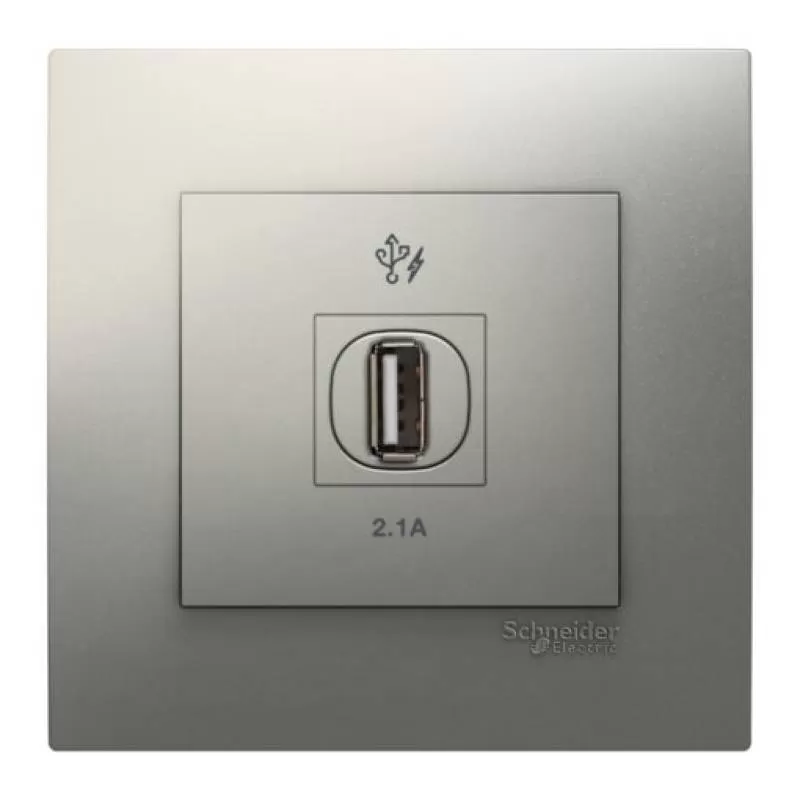 Bộ ổ cắm sạc USB đơn 2.1A, màu xám bạc, Schneider, mã KB31USB_AS_G19 