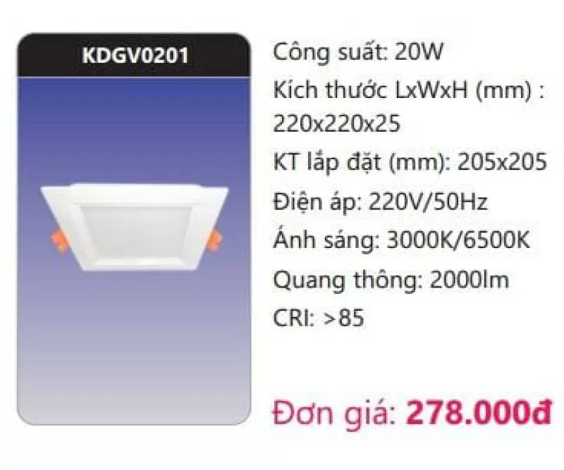 Đèn LED panel âm trần vuông cao cấp KDGV0201