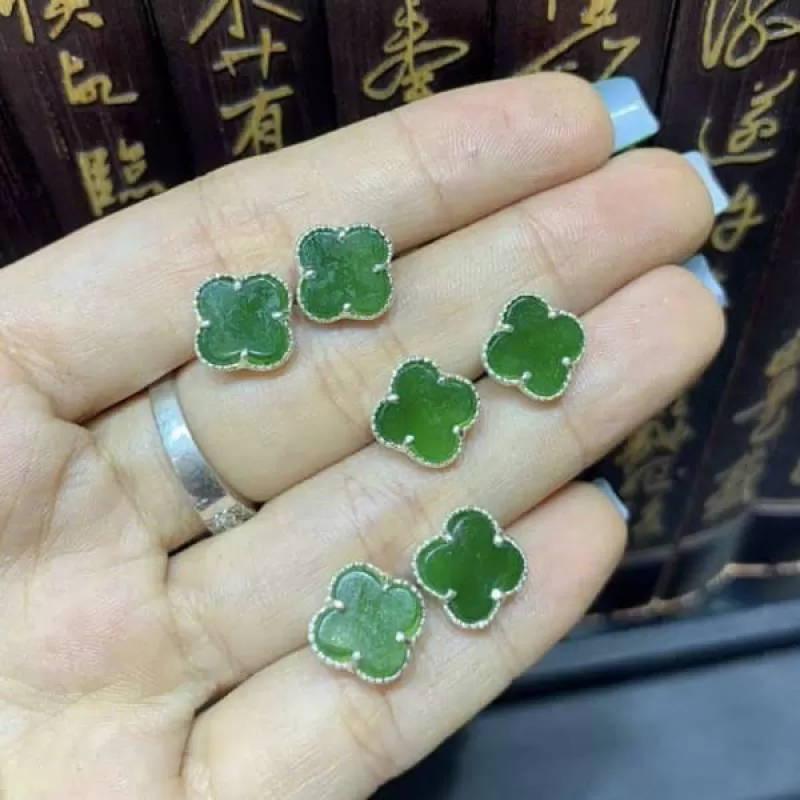 Bông Tai Cỏ 4 Lá Phẳng Đá Quý Bọc Bạc