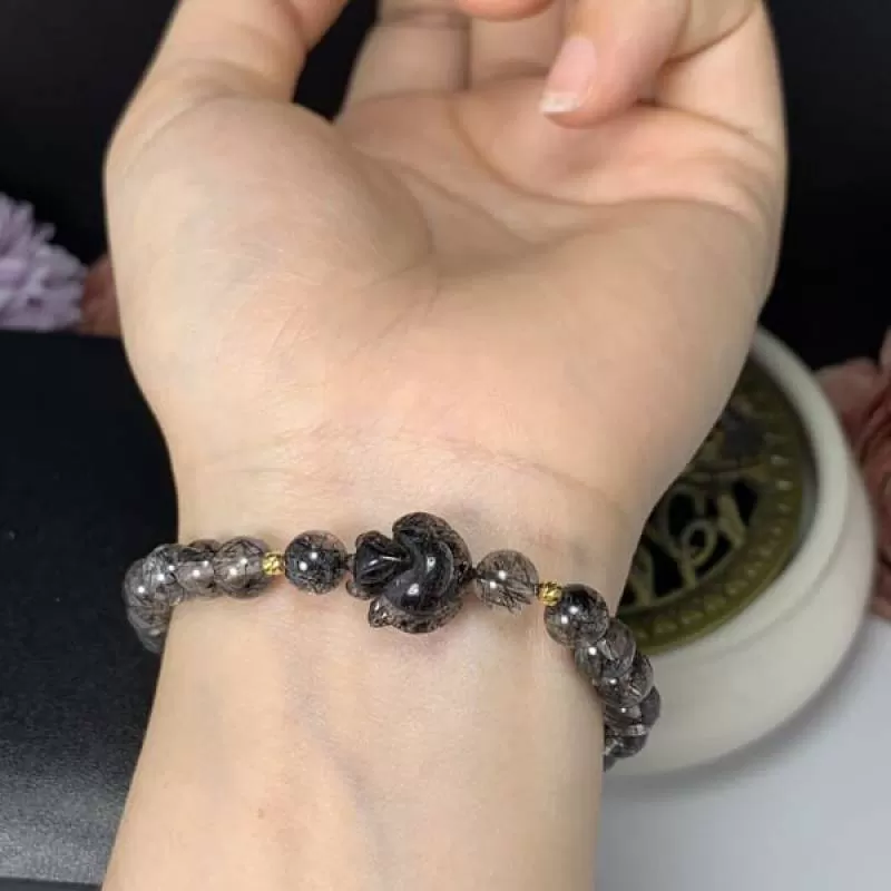 Vòng Tay Thạch Anh Tóc Đen Mix Hồ Ly và Charm 10k