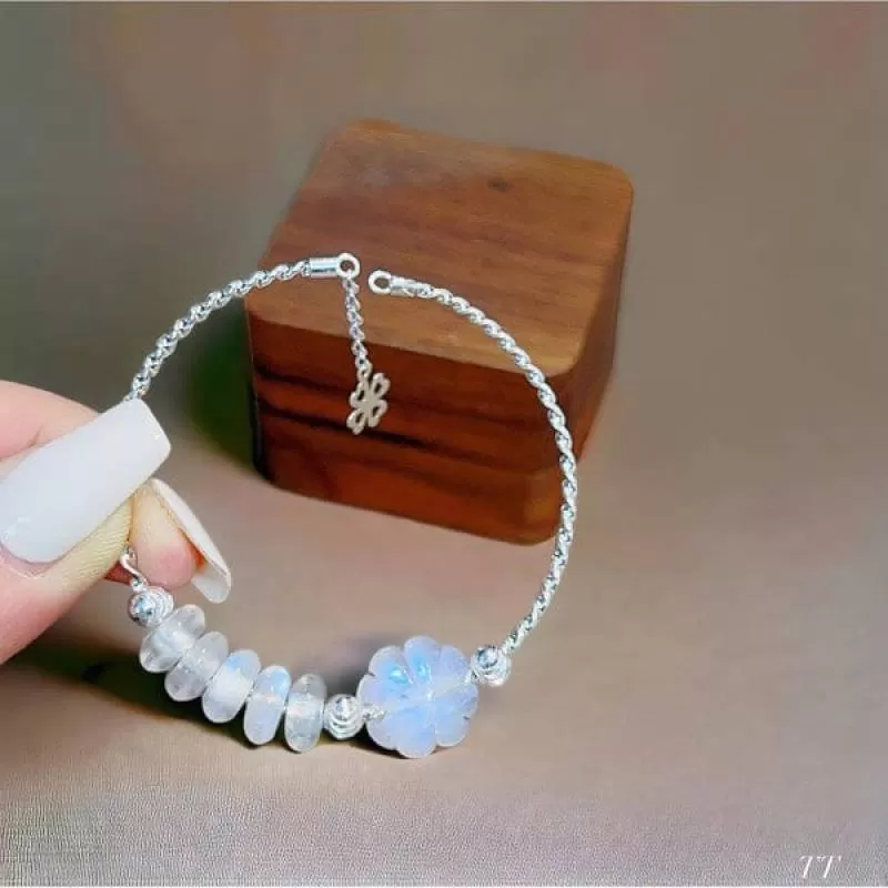 Lắc Tay Bạc Cỏ 4 Lá Mix Ngũ Điếu Moonstone 