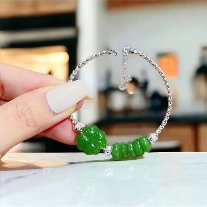 Lắc Tay Bạc Cỏ 4 Lá mix Ngũ Điếu Ngọc Bích