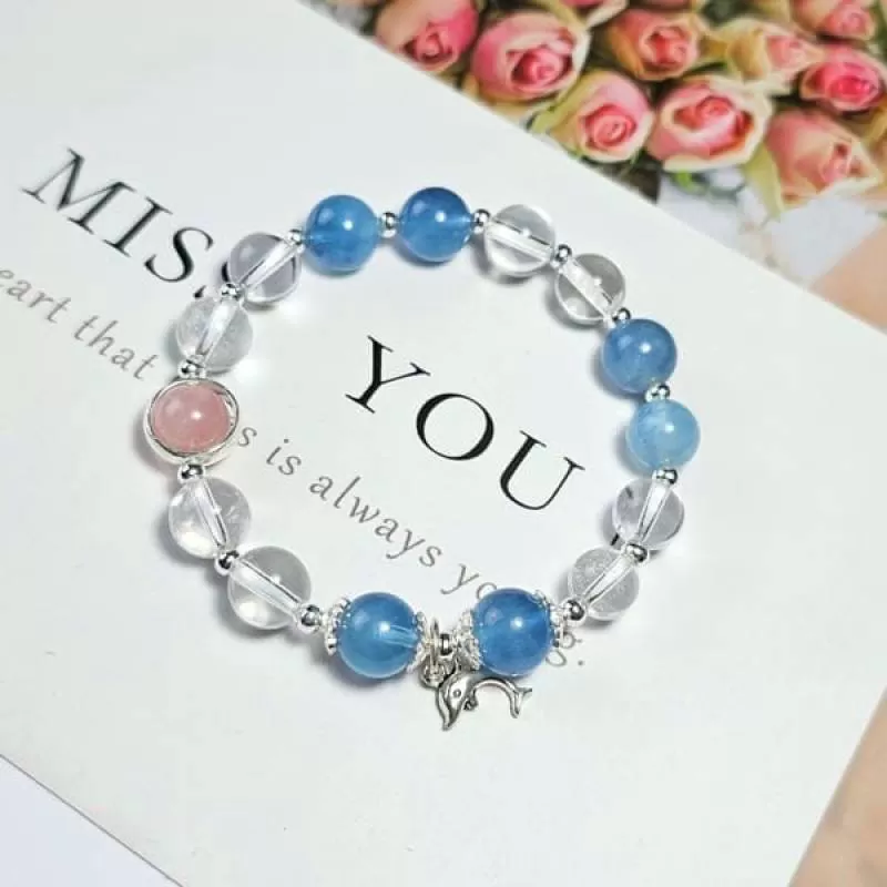 Vòng Tay Aquamarine mix Thạch Anh Trắng, Hồng Charm Bạc