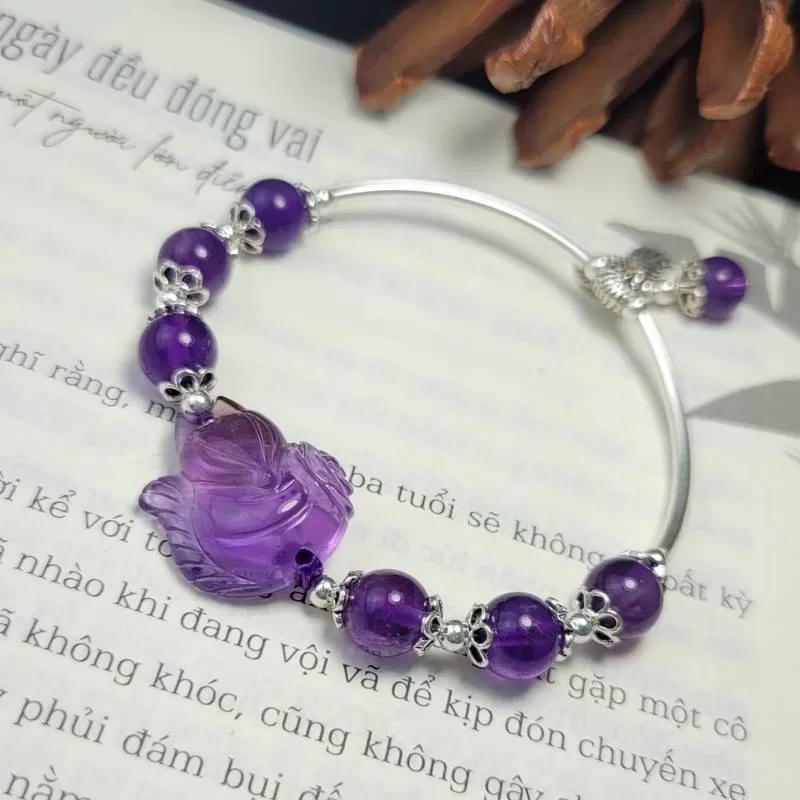 Vòng tay hồ ly thạch anh tím tự nhiên mix bạc