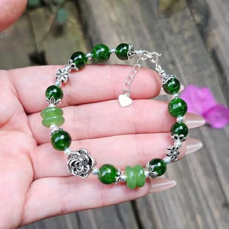 Vòng Tay Diopside Mix Đồng Điếu Ngọc Bích Charm Bạc