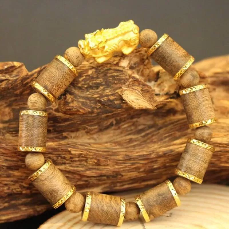 Vòng Tay Trầm Hương Đốt Trúc Bọc Vàng Mix Tỳ Hưu