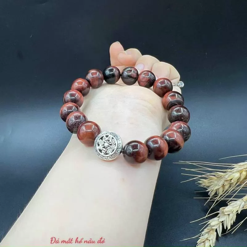 Vòng Tay Nam Mắt Hổ Nâu Đỏ Vip mix charm 