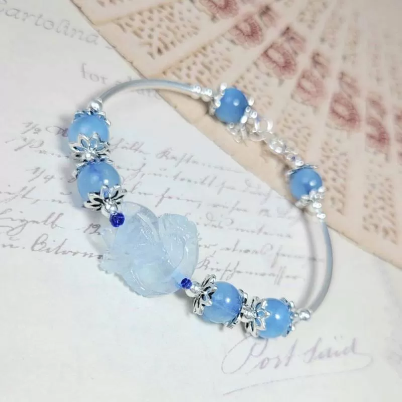 Vòng Tay Hồ ly đá aquamarine tự nhiên mix bạc -01