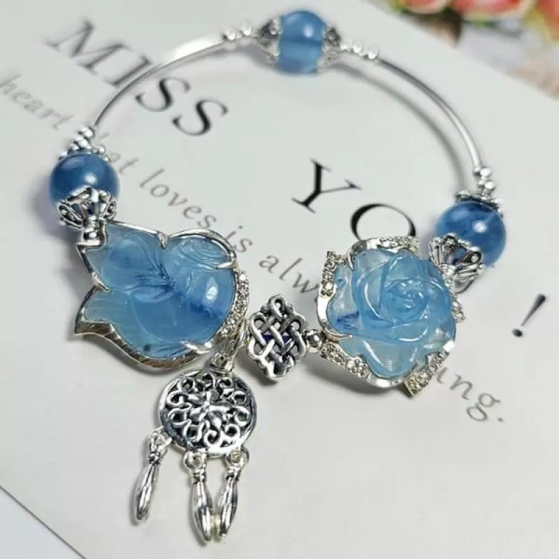 Vòng Tay Hồ Ly Mẫu Đơn Aquamarine Charm Bạc