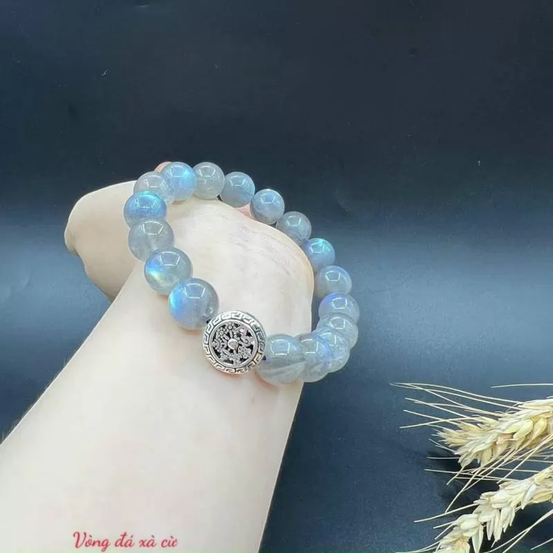 Vòng Tay Đá Xà Cừ 12mm Mix Charm Bánh Xe Pháp Luân Bạc