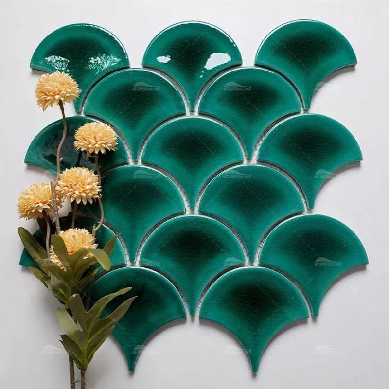 Ice Crackle Pattern Glazed Green Fish Scale Porcelain Ceramic Wall Mosaic Aqua Turquoise Fish Scale Pool Tile 