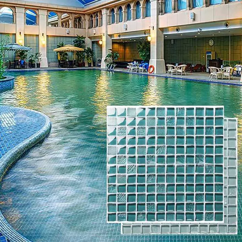 Foshan Manufacturer Wholesale Price 8mm Thickness 23x23mm Square Glossy Swimming Pool Bathroom Aqua Crystal Glass Mosaic Tiles 