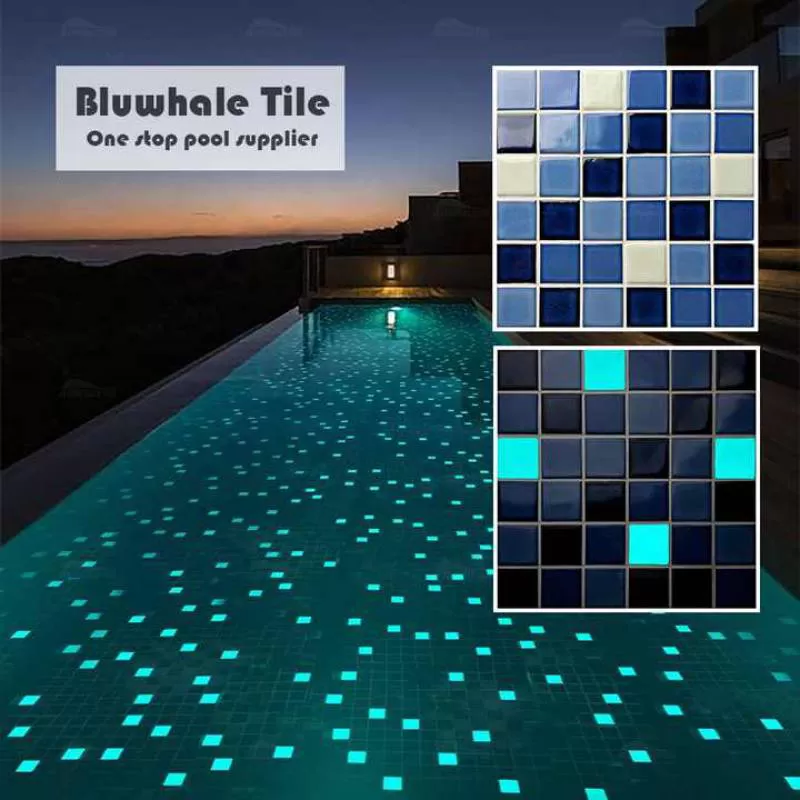 Bluwhale Tile Wholesale 2x2 Blue Luminous Fluorescent Swimming Pool Tiles Mosaic Ceramic Glazed Glow in the Dark Pool Tile