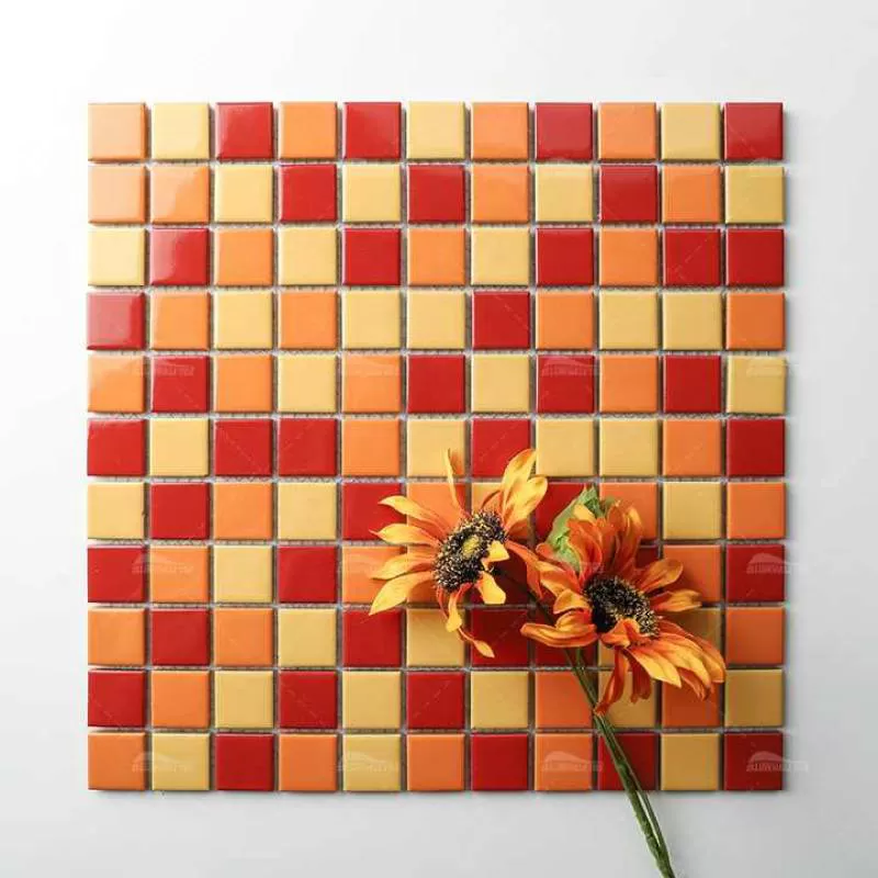 Modern Bathroom Shower Wall Backsplash 25x25mm 1x1 Square Orange Yellow Mixed Red Color Mosaic Glazed Ceramic Swimming Pool Tile
