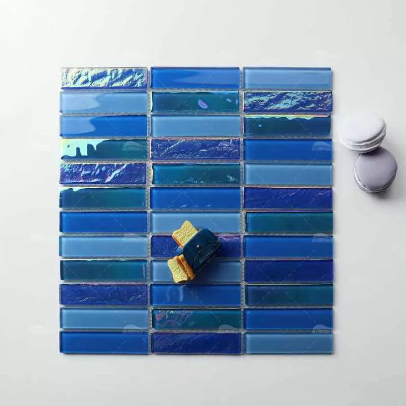 Foshan Supplier Wholesale Price Stackbond Strip Ripple Surface Luminous Blue Mixed Swimming Pool Glass Tile Mosaic Iridescent 