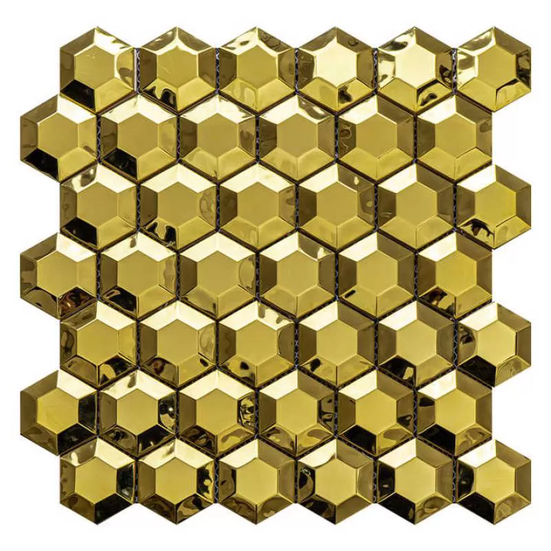 Classic Decoration Water Resistance Irregular Hexagon Golden 3D Metal Stainless Steel Mosaic Wall Tiles for Hotel Project 