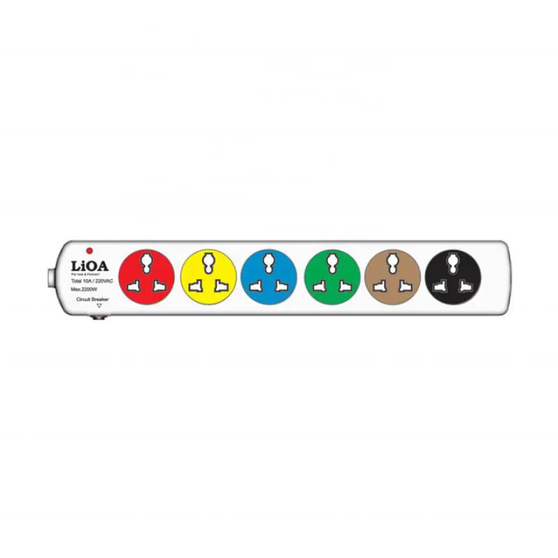 LiOA New Generation 6-Outlet Universal Extension Socket CB Protection 2200W/10A Compatible US/EU/UK/AU Standards Rated 13A 