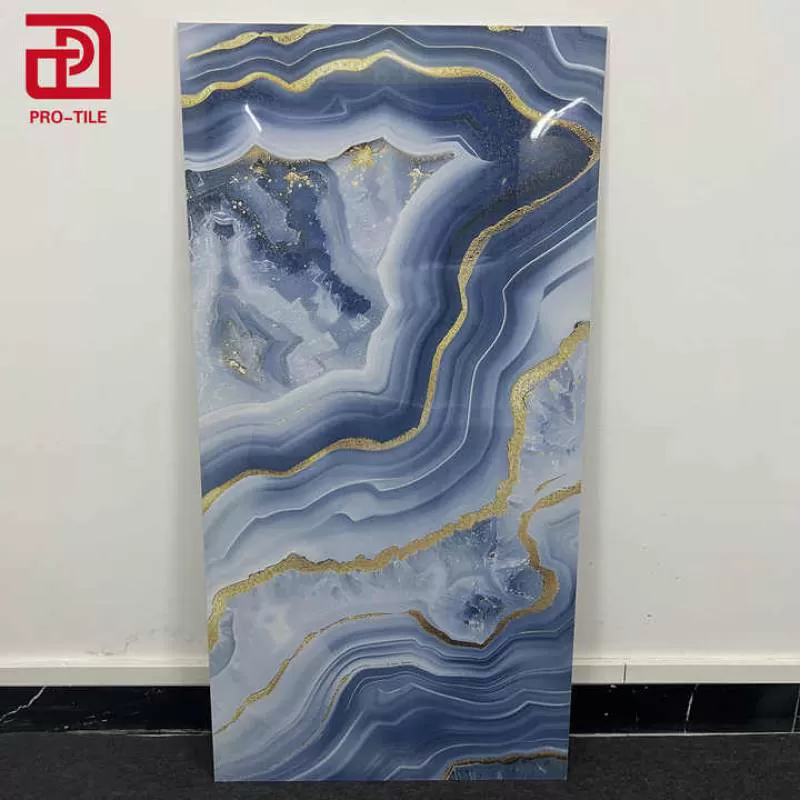 Sky Blue Ceramic Tile With Golden Sand and Golden Veins