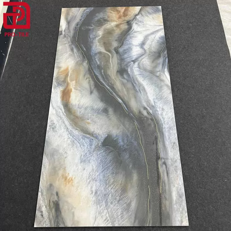 Blue Luxury Marble Tile Size 600x1200mm With Glossy Surface Gold Line