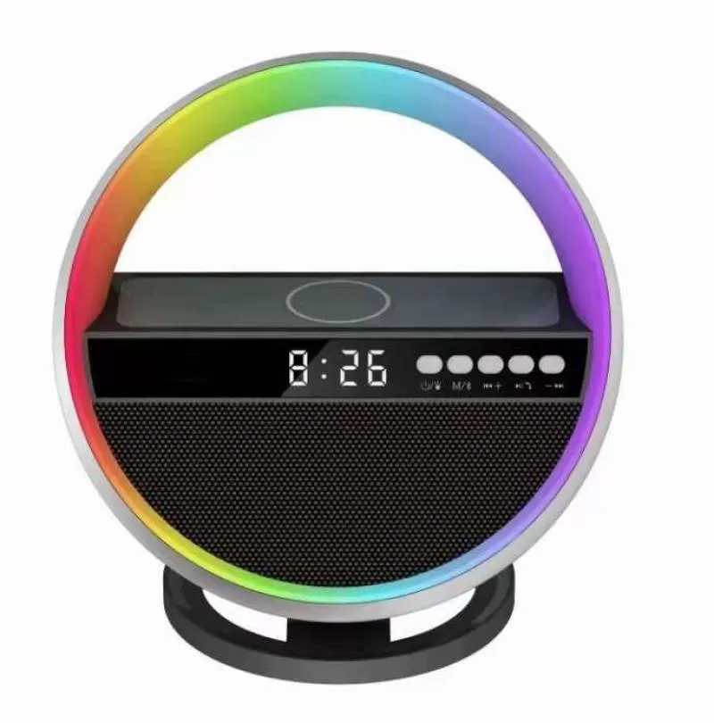 Factory Exclusive Home Wireless Charging Bluetooth Speaker Big G Atmosphere Light LED Clock  Audio