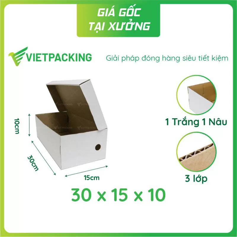 Hộp carton 30x15x10 đựng giày trắng, đẹp, chất lượng