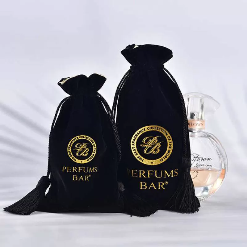 Custom Gift Packaging Dust Drawstring Velvet Perfume Bottle Pouch Black Shiny Satin Velvet Bag for Candle 