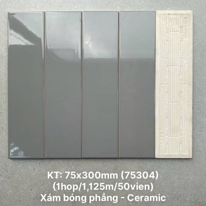Gạch thẻ cao cấp xám bóng phẳng KT 75x300mm PSTA75304