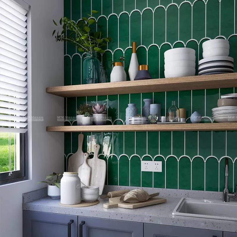 Gạch thẻ lông vũ ốp tường xanh lá cây đậm bóng L90300-04