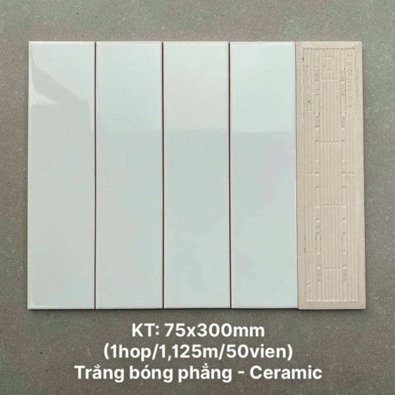 Gạch thẻ cao cấp trắng bóng phẳng KT 75x300mm PSTA75300