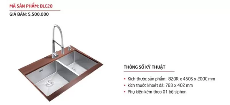 Chậu rửa bát ĐÚC 2 hố cân BLUWARE BLC28