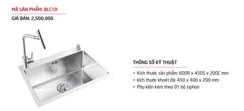 Chậu rửa bát 1 hố rộng 600 BLUWARE